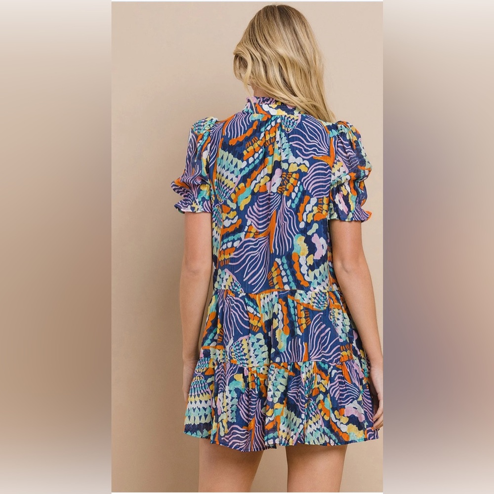 TCEC Multi Color Abstract Print Ruffle Neck Tiered Mini Dress Large - Picture 4 of 7